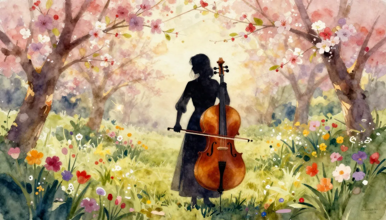 Watercolor style. A silhouette of a woman standing in a bloo...