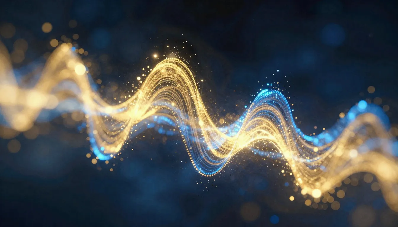 Watercolor style. A glowing, abstract wave of golden and blu...