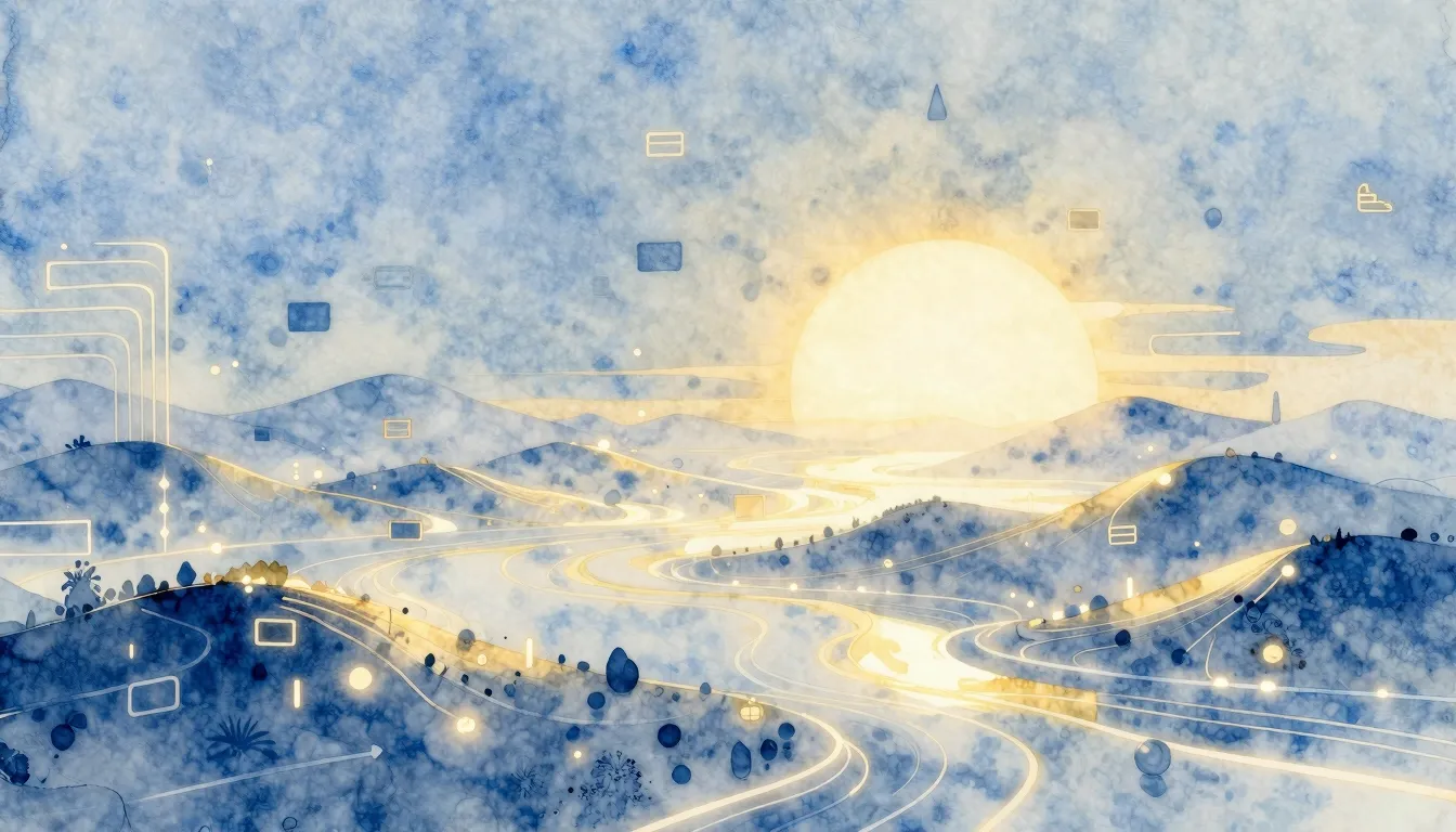 Watercolor style. A vast digital landscape with glowing data...
