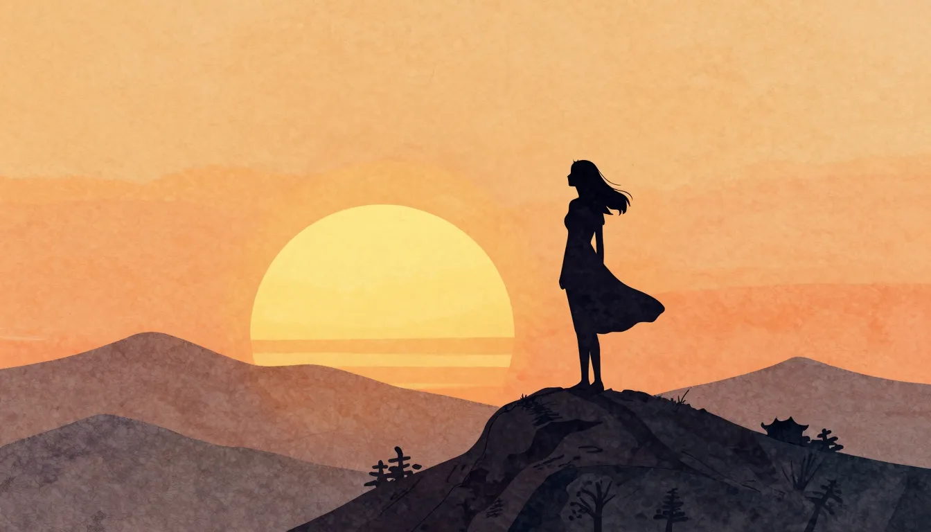 Watercolor style. A dark silhouette of a graceful woman stan...