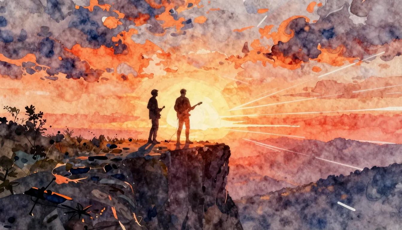 Watercolor style. Silhouette of two figures standing on a hi...