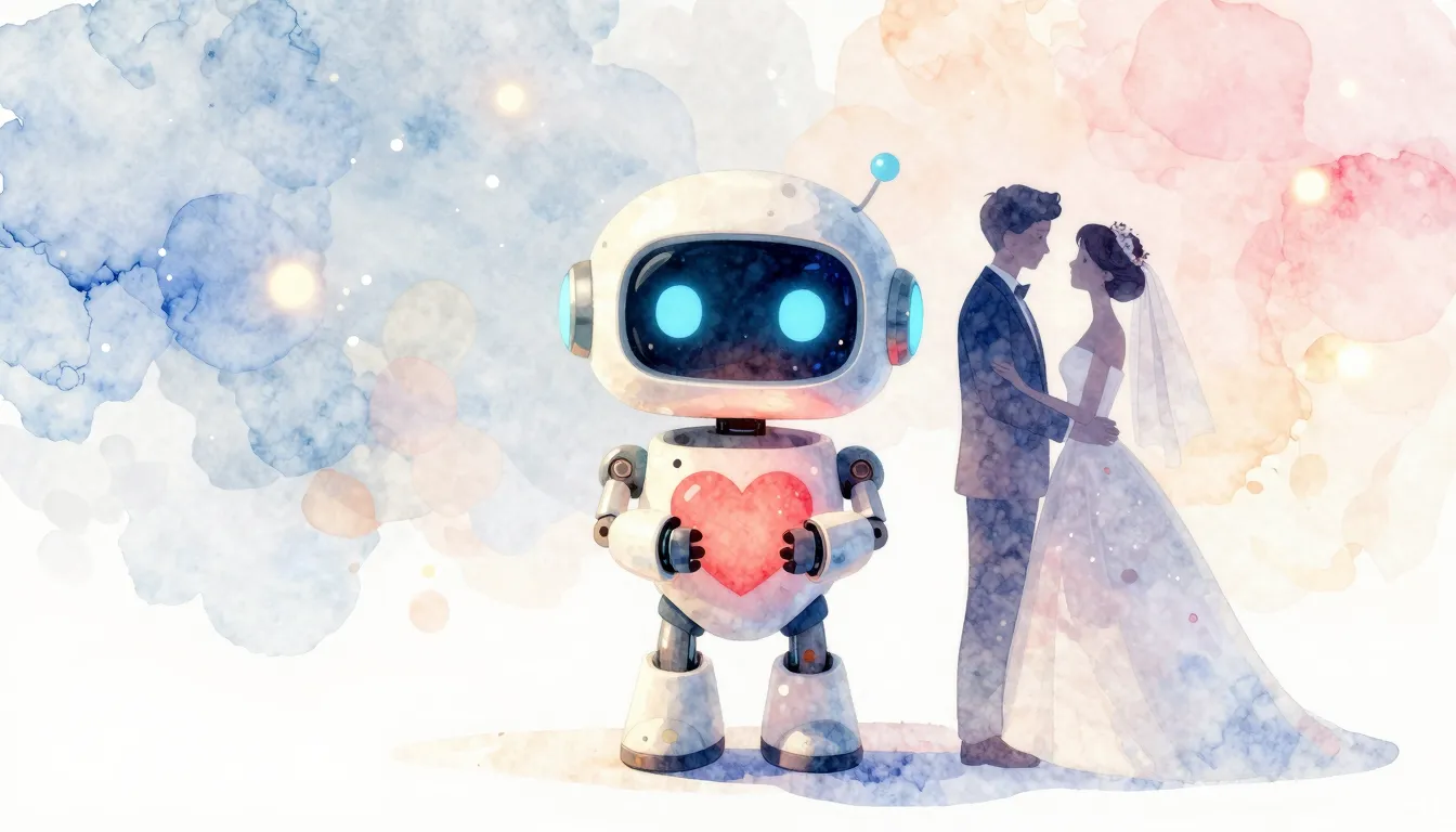 Watercolor style. A cute futuristic robot holding a glowing ...