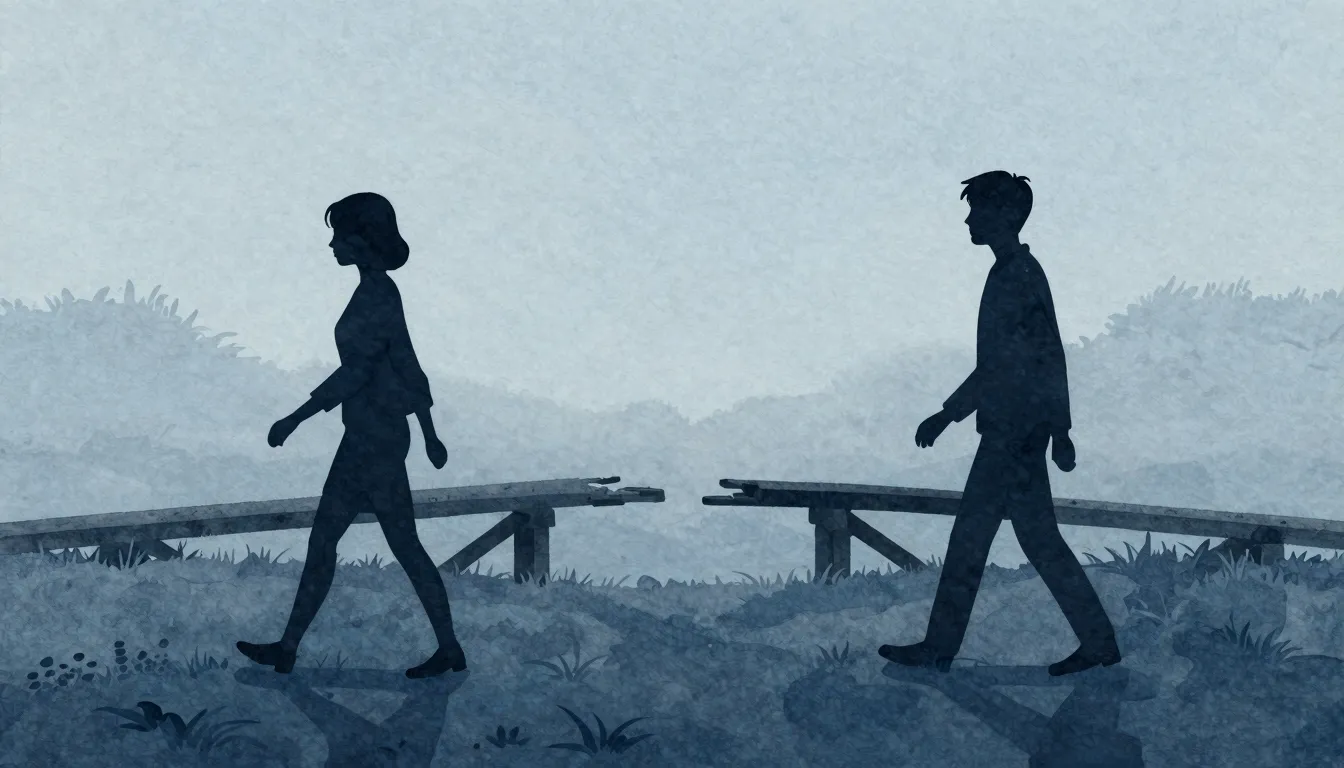 Watercolor style. Two dark silhouettes walking in opposite d...