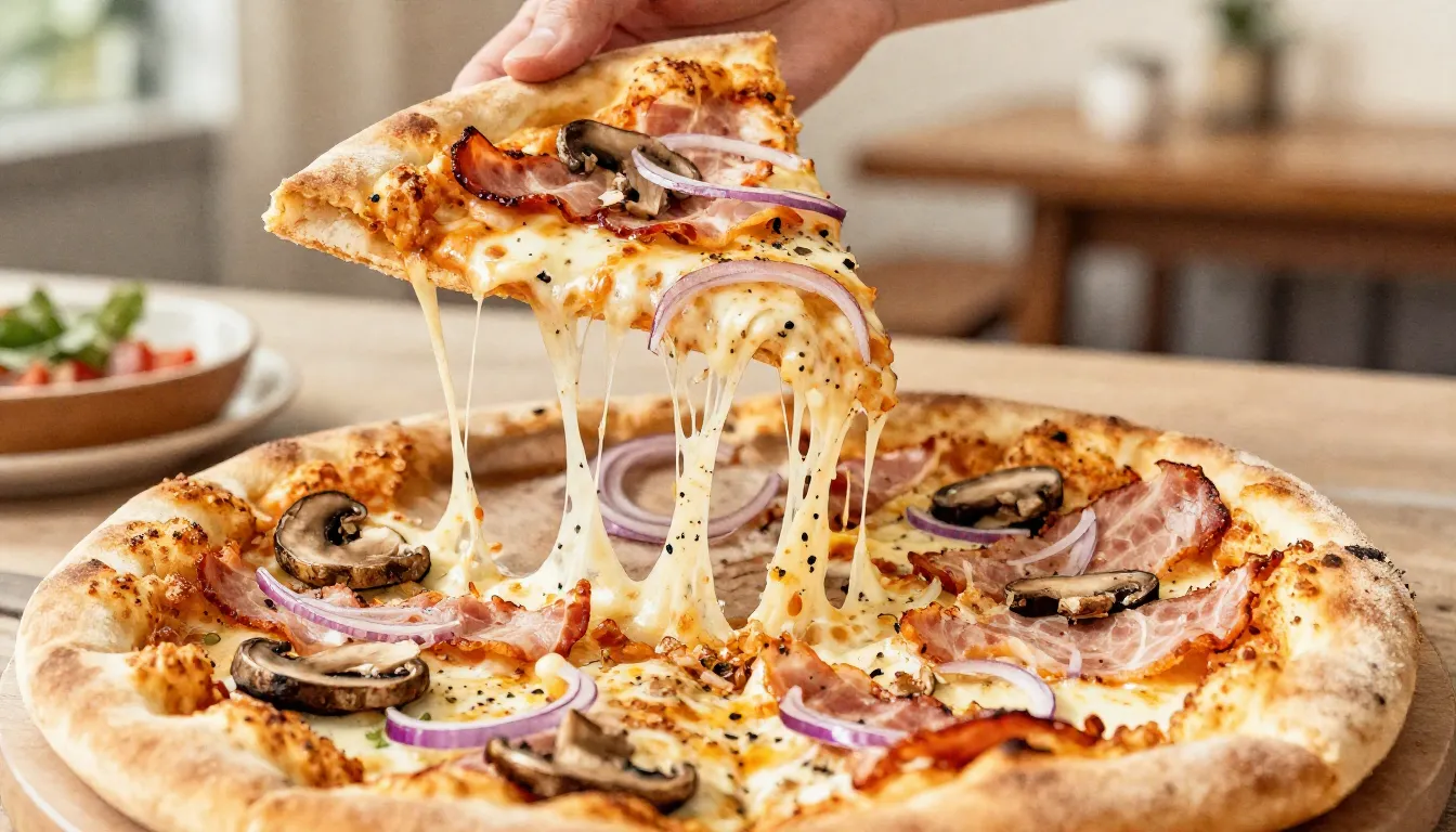 Watercolor style. Close-up of a fresh pizza slice being lift...