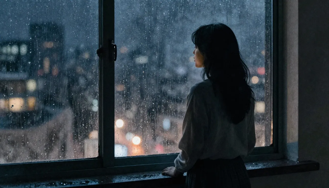 Watercolor style. A dark silhouette of a woman standing by a...