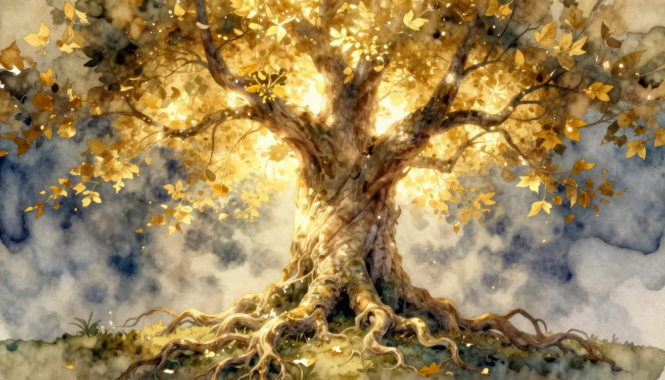 Watercolor style. A glowing ancient tree with deep roots and...