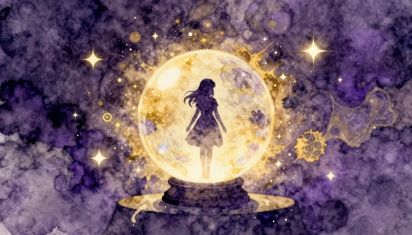 Watercolor style. A silhouette of a girl standing before a g...