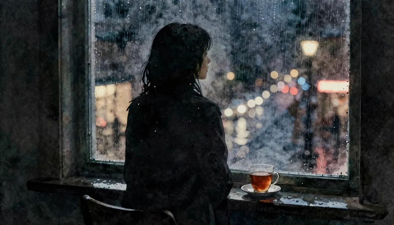 Watercolor style. A lonely female silhouette is sitting by a...