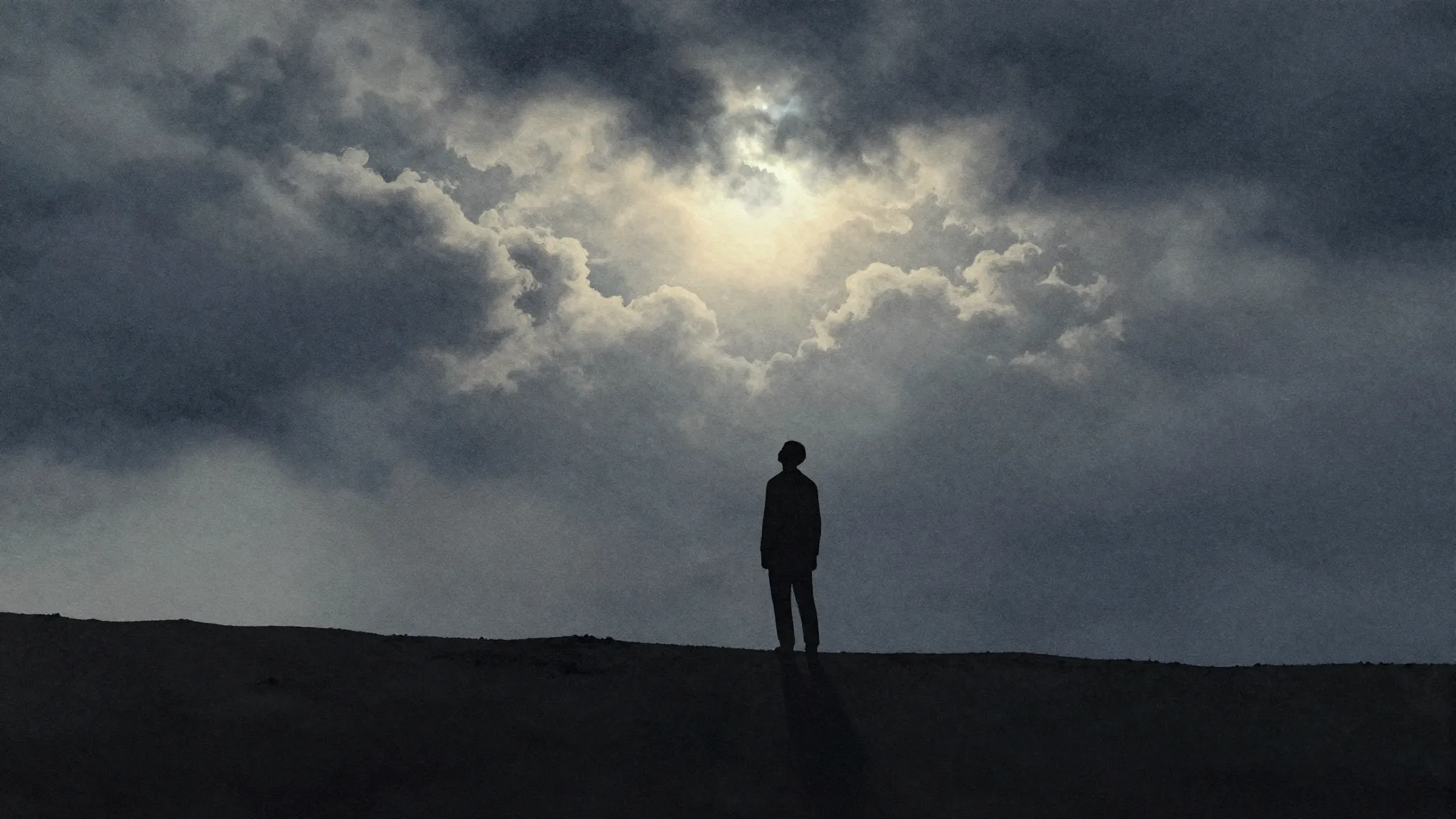 Watercolor style. A dark silhouette of a lonely figure stand...