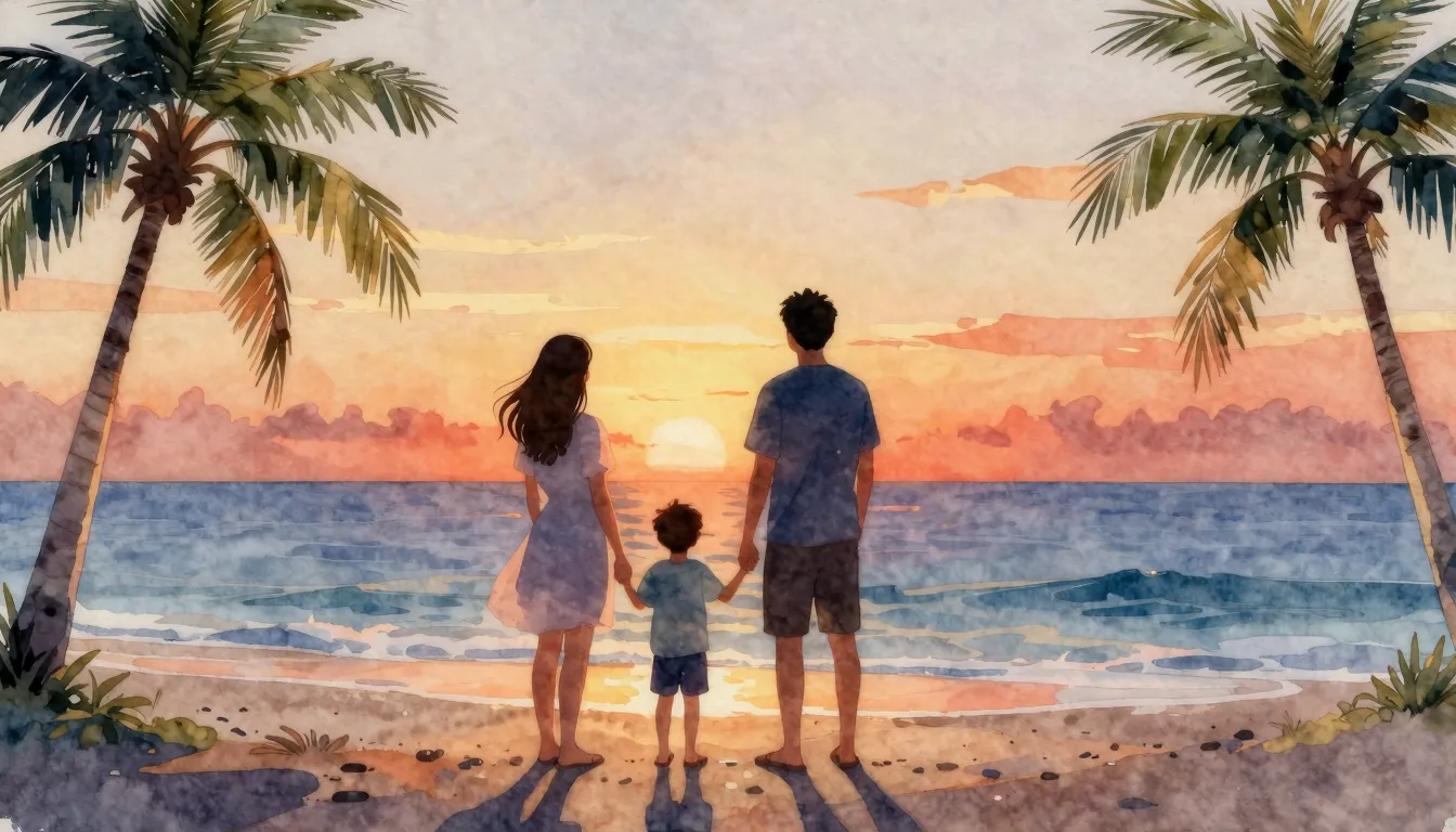 Watercolor style. Silhouette of a family of 3 standing on a ...