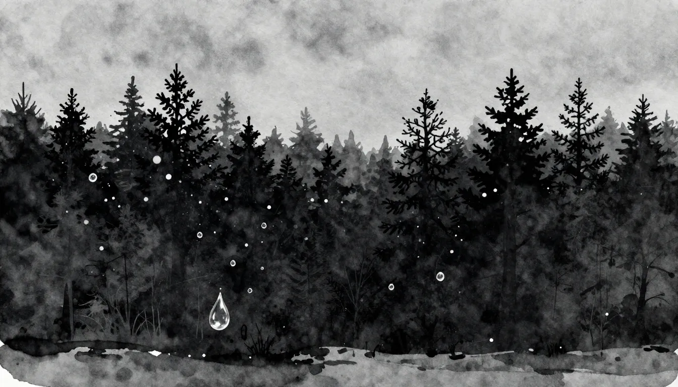 Watercolor style. A dark silhouette of a forest under a gray...