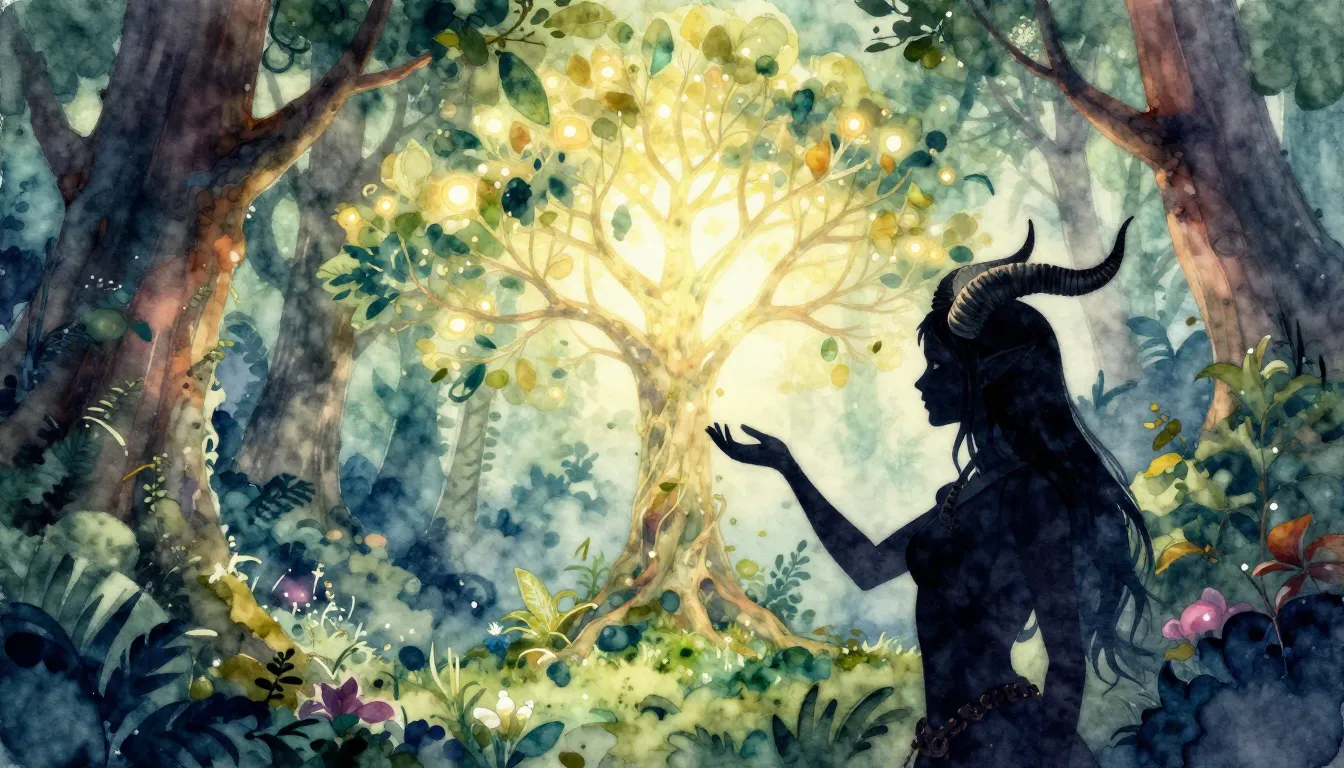 Watercolor style. A silhouette of a tiefling with elegant ho...