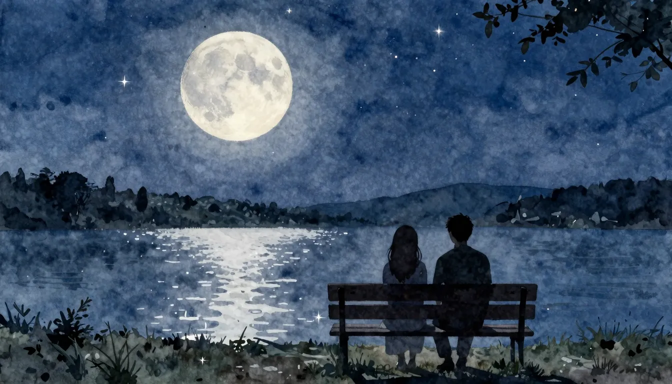 Watercolor style. A romantic night scene with a large full m...
