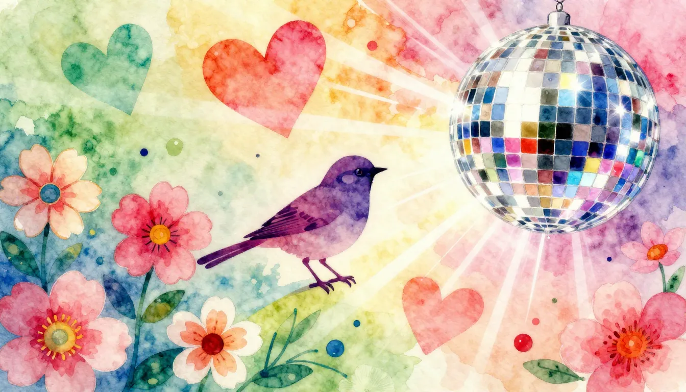 Vibrant watercolor style. Disco-funk album cover. Vibrant sp...