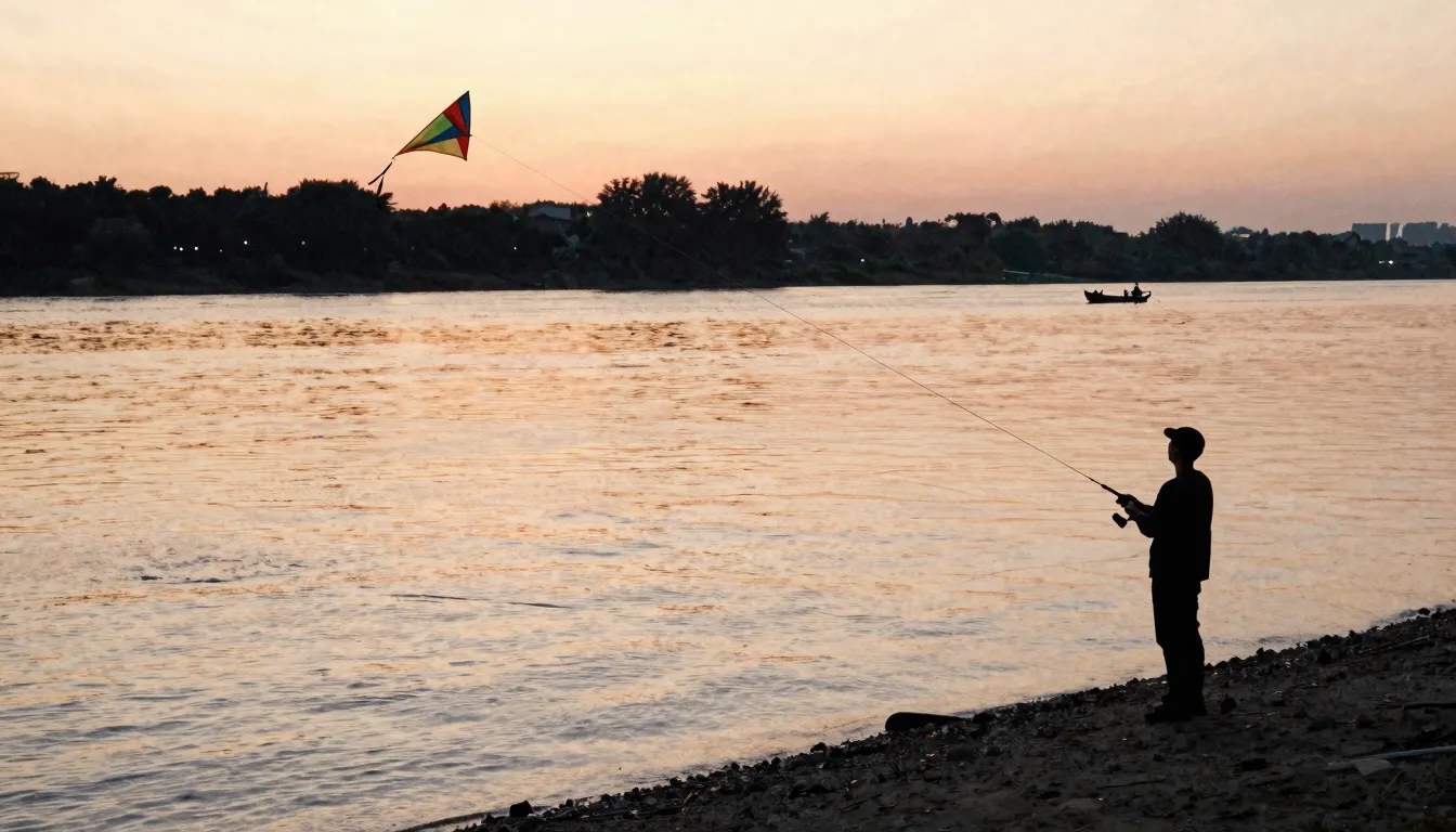 Watercolor style. A silhouette of a person on a riverbank at...