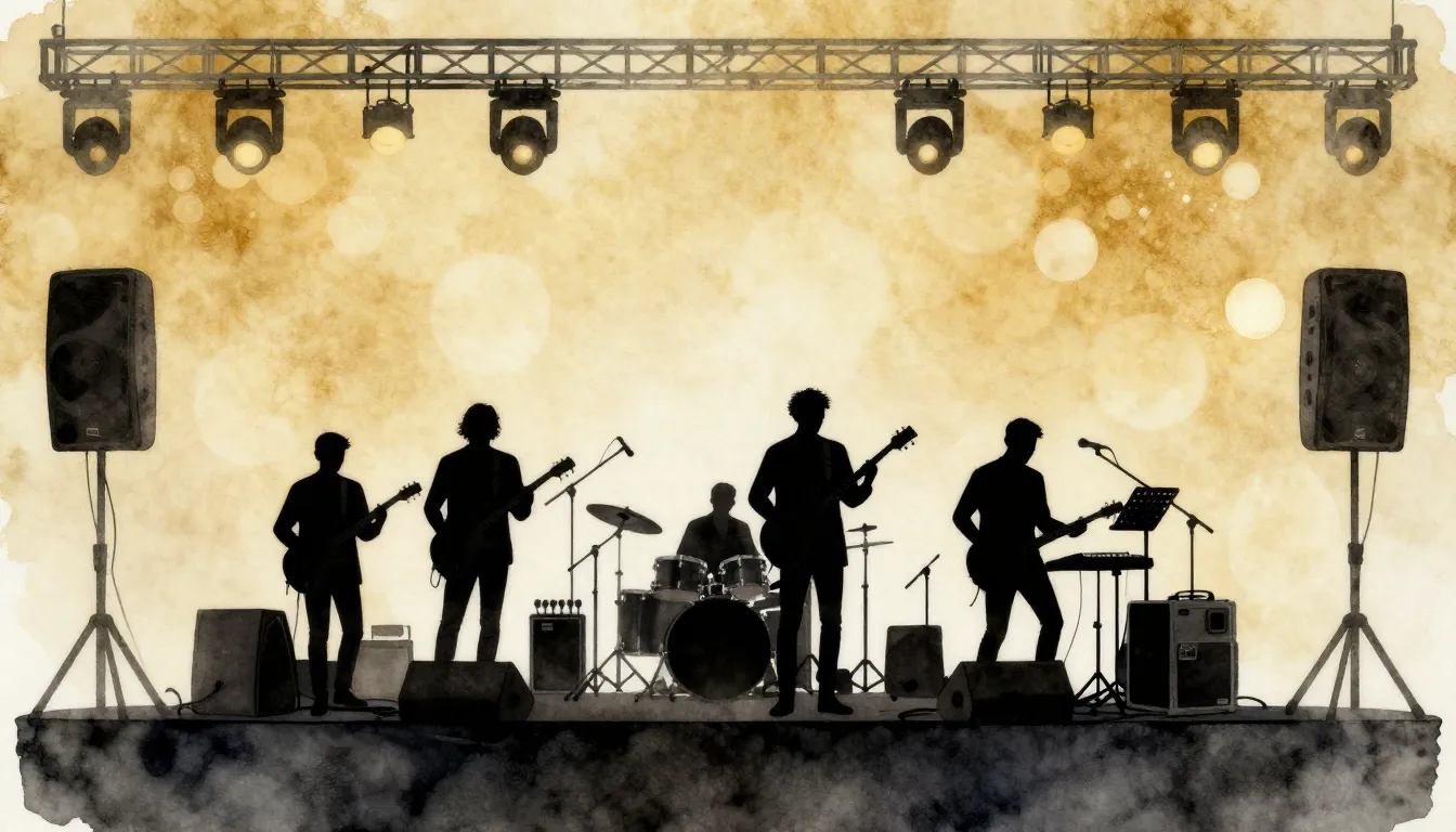 Watercolor style. Minimalist silhouette of a music band on a...