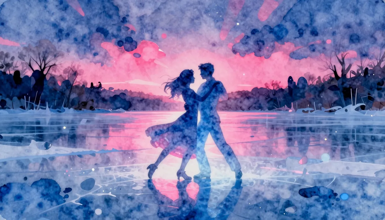 Watercolor style. A glowing silhouette of a couple dancing o...