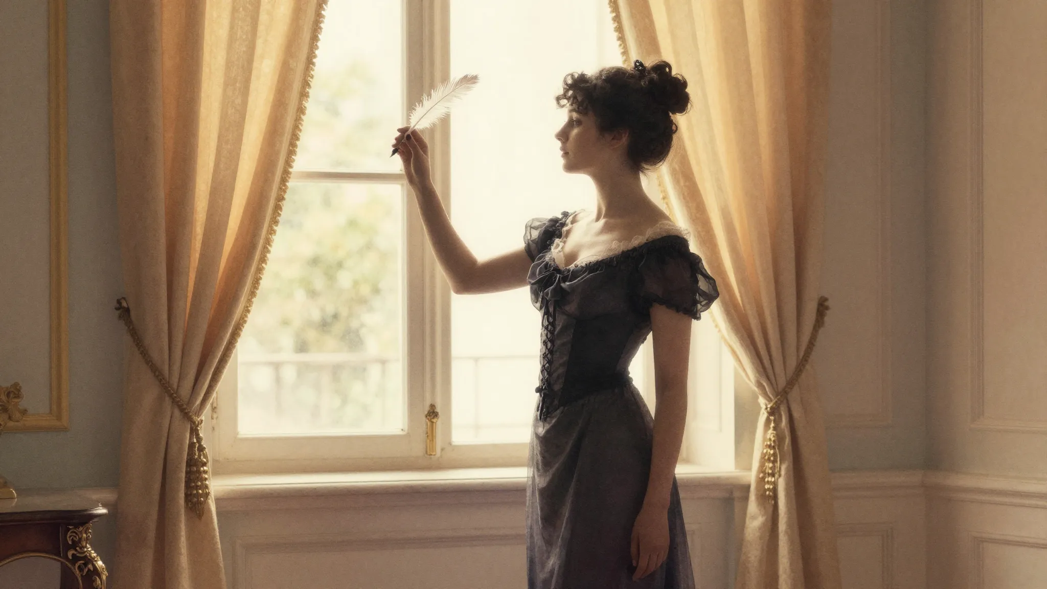 Watercolor style. Silhouette of a graceful woman standing by...