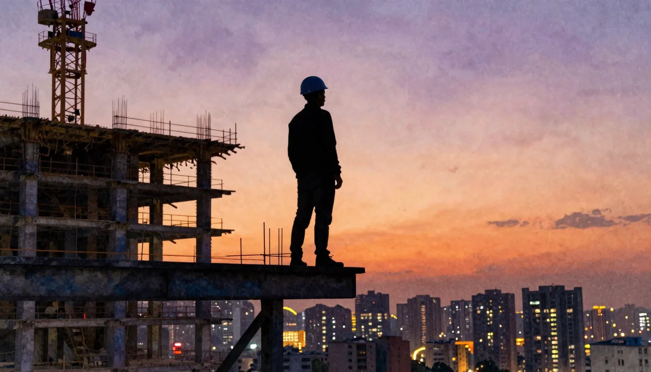 Watercolor style. A silhouette of a man in a construction he...