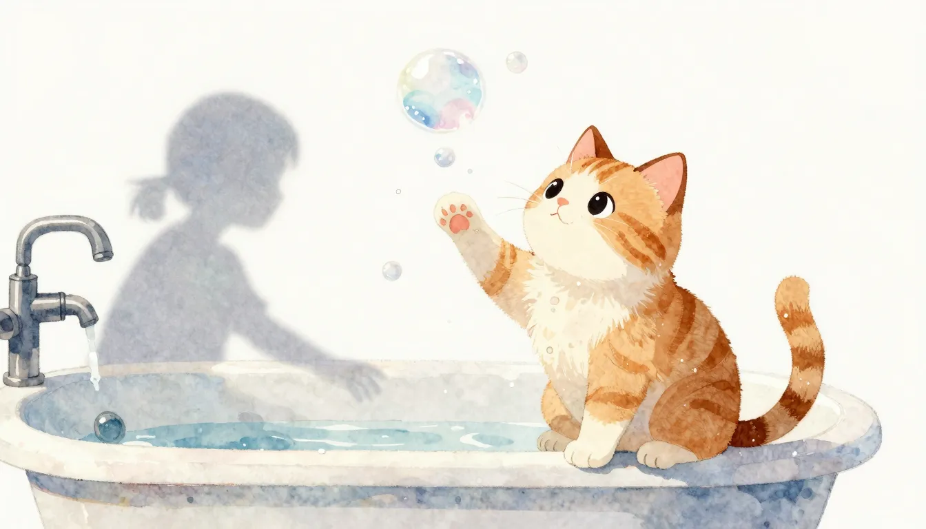 Watercolor style. A playful cat sitting on the edge of a bat...