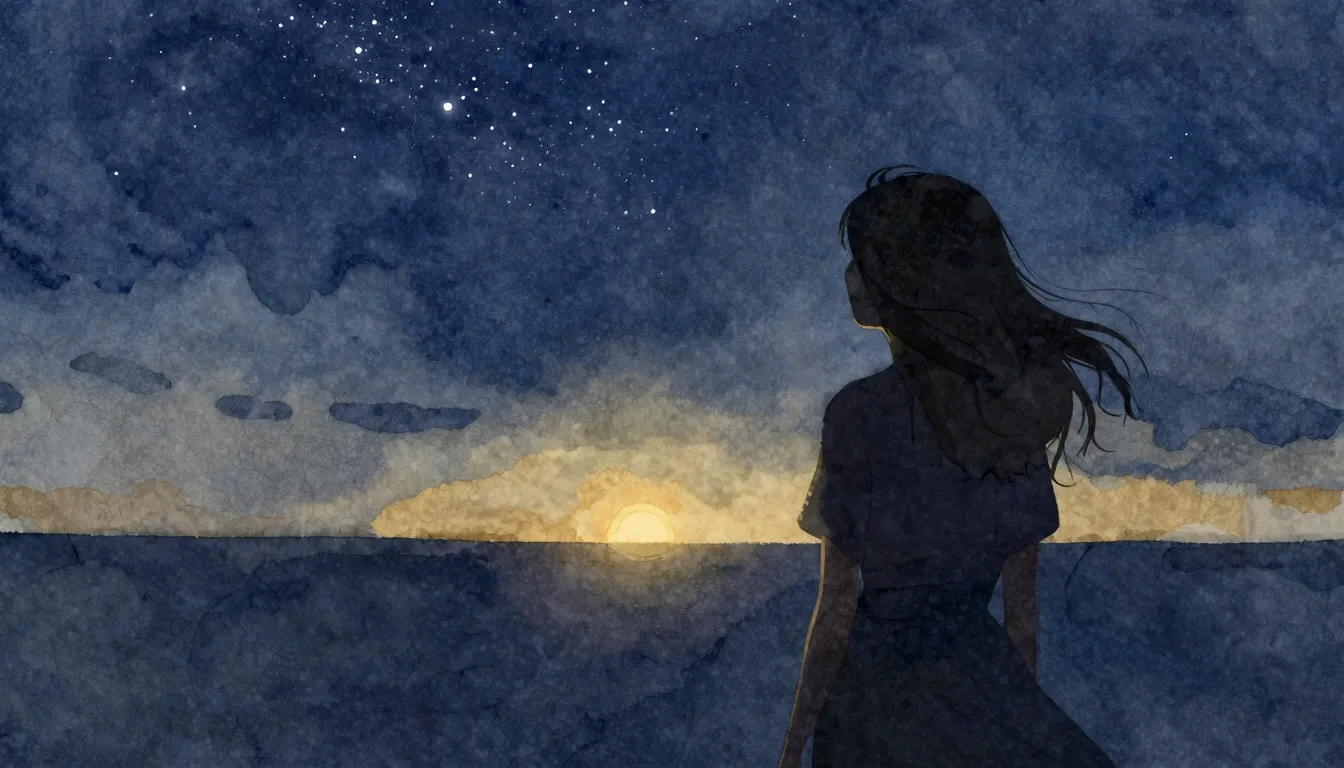 Watercolor style. A silhouette of a woman looking at a dista...