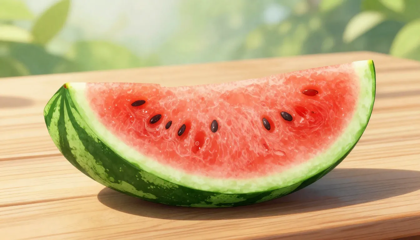 Watercolor style. A bright green, curved watermelon rind lyi...