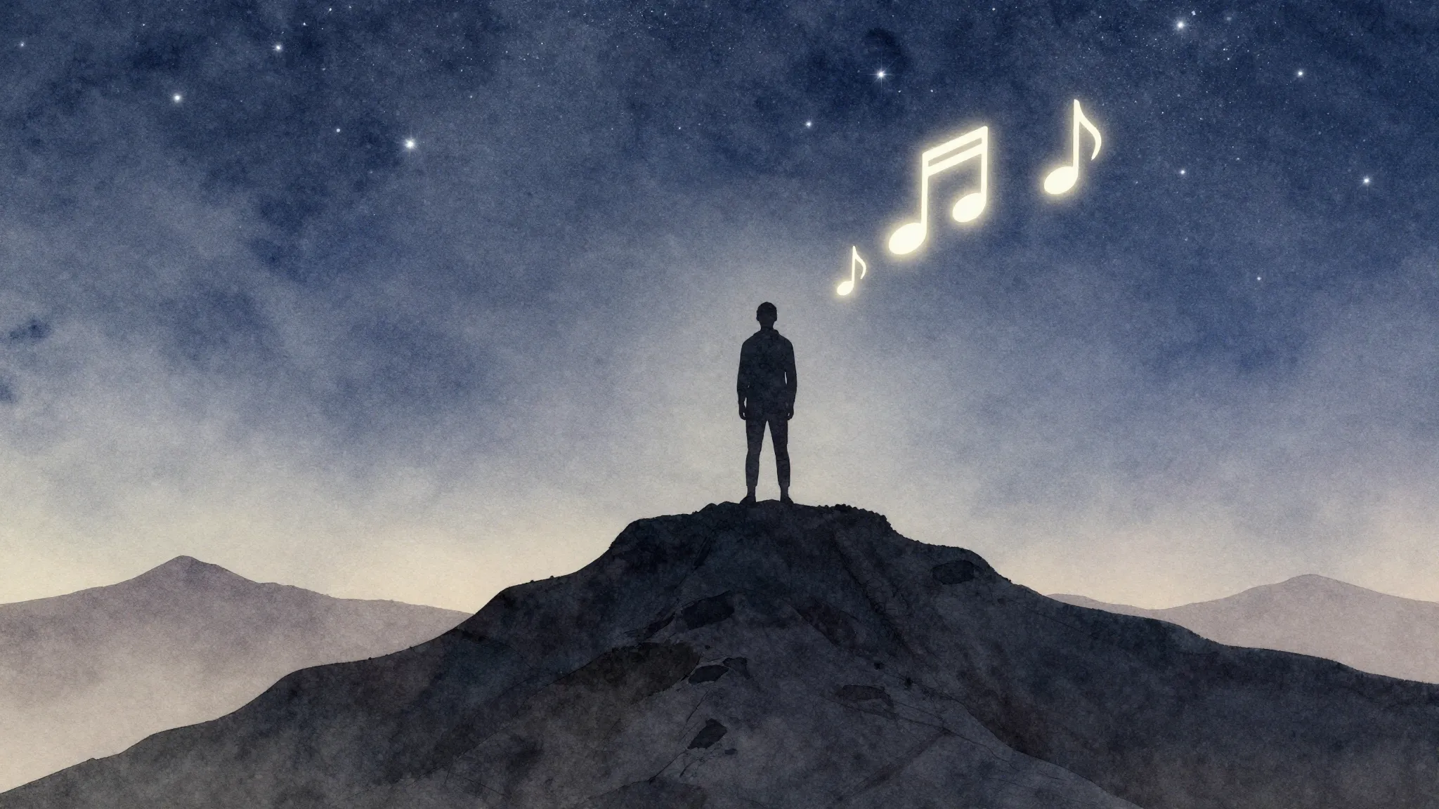 Watercolor style. Silhouette of a figure standing on a mount...