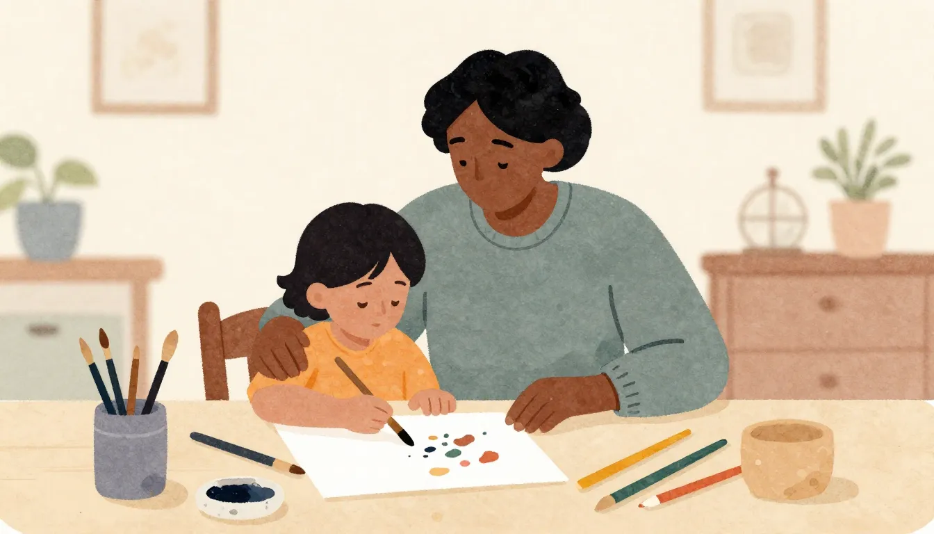 Watercolor style. Silhouette of a parent and a child sitting...