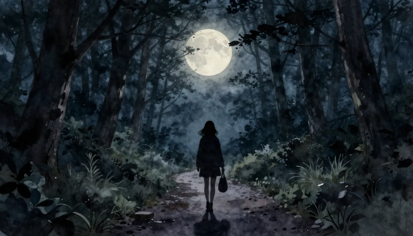 Watercolor style. Dark forest path at night, full moon shini...
