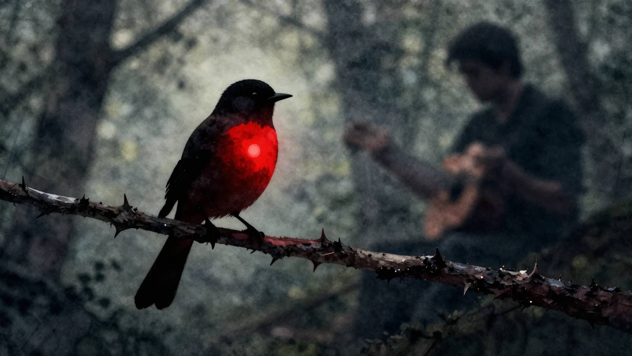 Watercolor style. Silhouette of a bird with a glowing red ch...
