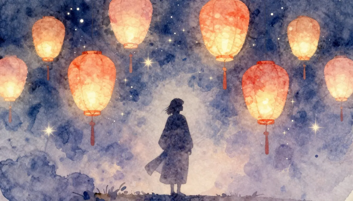 Watercolor style. A dreamy silhouette of a person standing a...