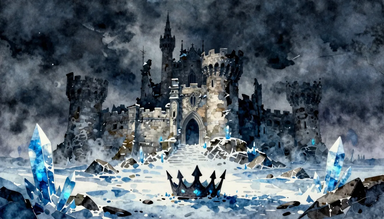 Watercolor style. Dark fantasy landscape, ruined castle made...