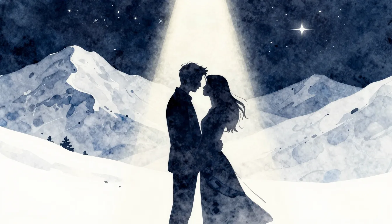 Watercolor style. A silhouette of a couple embracing against...