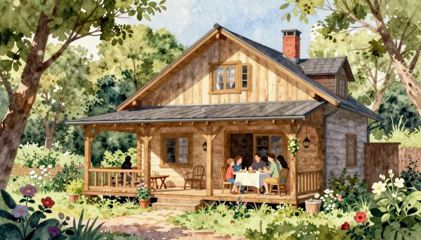 Watercolor style. A cozy wooden country house surrounded by ...