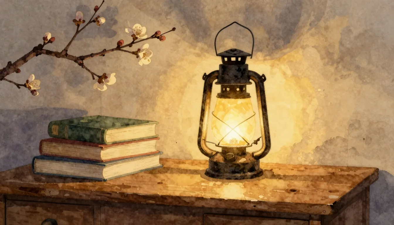 Watercolor style. A warm glowing lantern on an old wooden de...