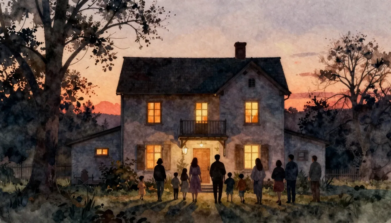 Watercolor style. Silhouette of an old cozy house at sunset,...