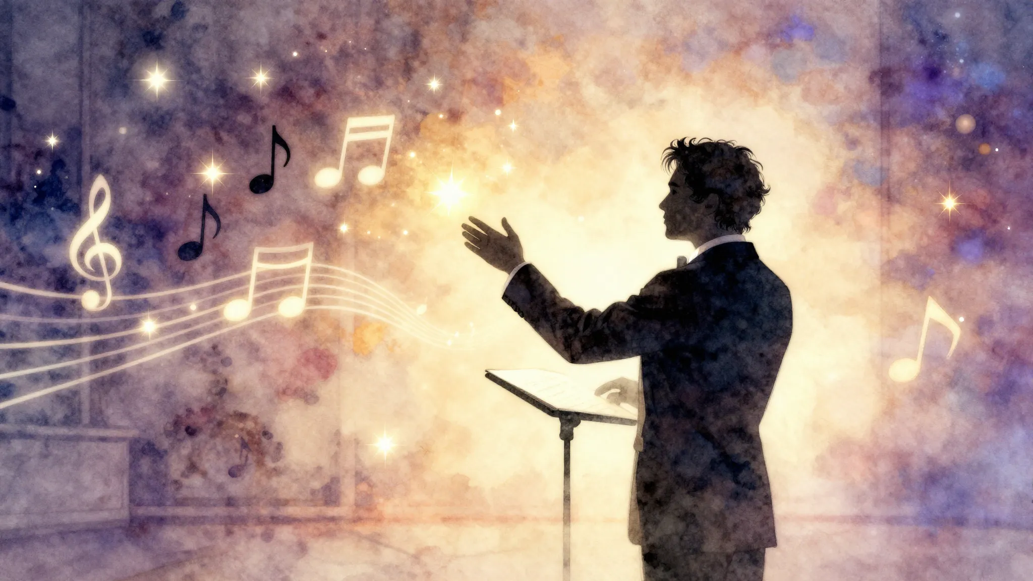 Watercolor style. Silhouette of a conductor guiding floating...