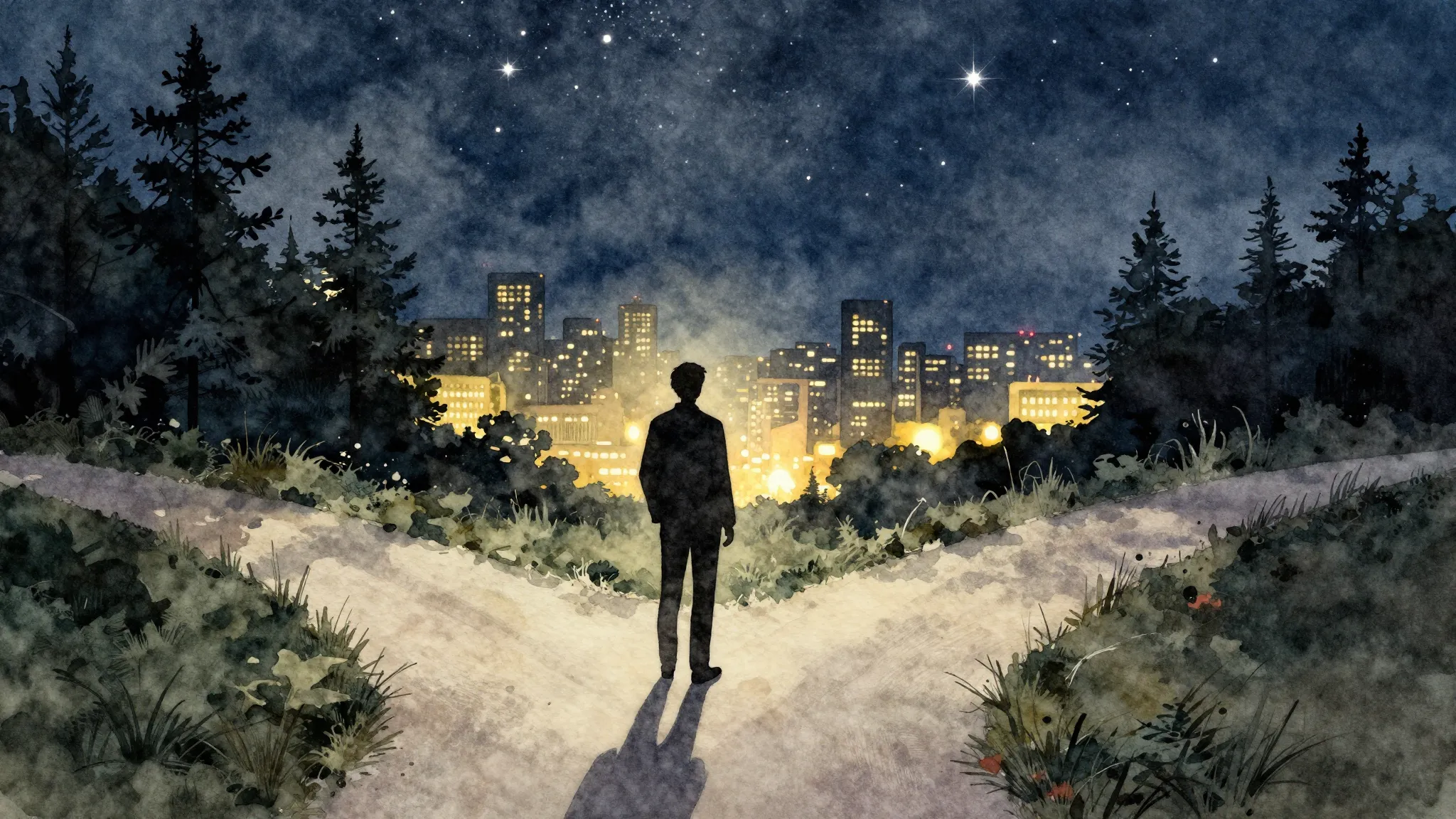Watercolor style. A silhouette of a person standing at a cro...