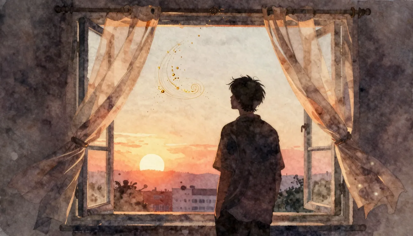 Watercolor style. A silhouette of a person standing by an op...