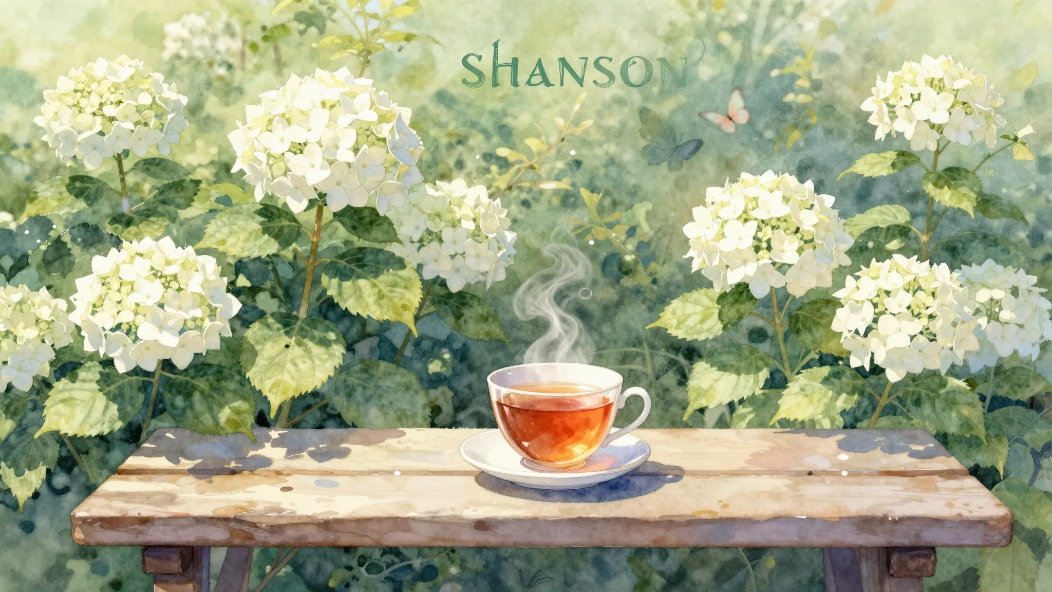 Vibrant watercolor style. Shanson album cover: White hydrang...
