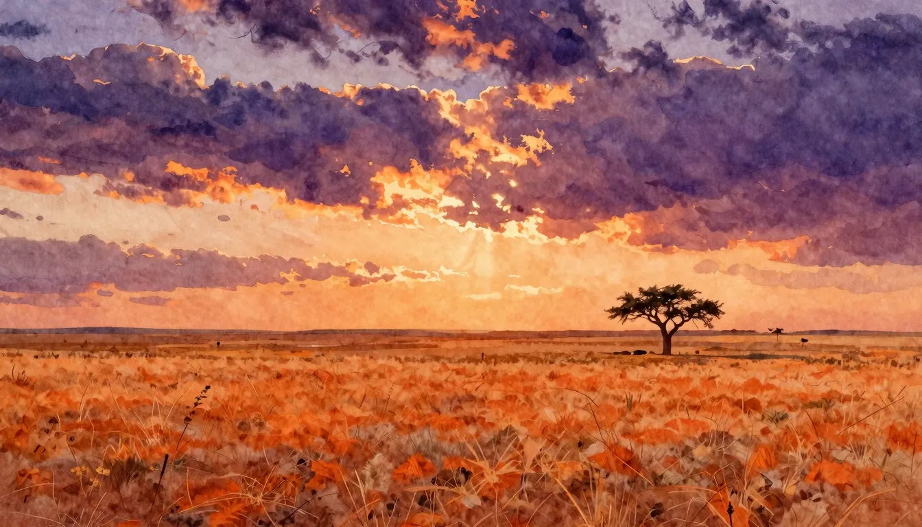 Watercolor style. A vast, endless steppe under a huge, beaut...