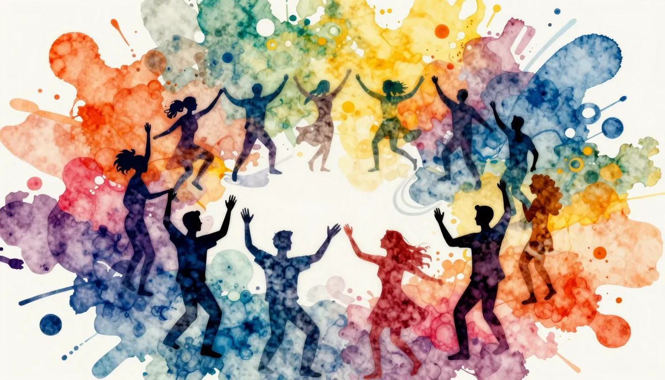 Vibrant watercolor style. Vibrant, energetic dance music alb...