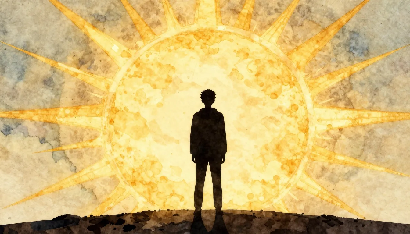 Watercolor style. A dark silhouette of a person standing in ...