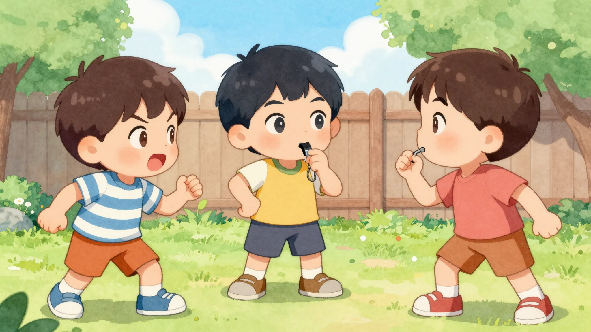 Watercolor style. Two young boys arguing playfully, a third ...