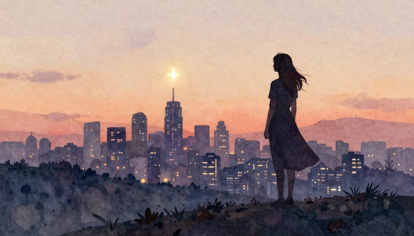 Watercolor style. A silhouette of a woman stands on a hill l...