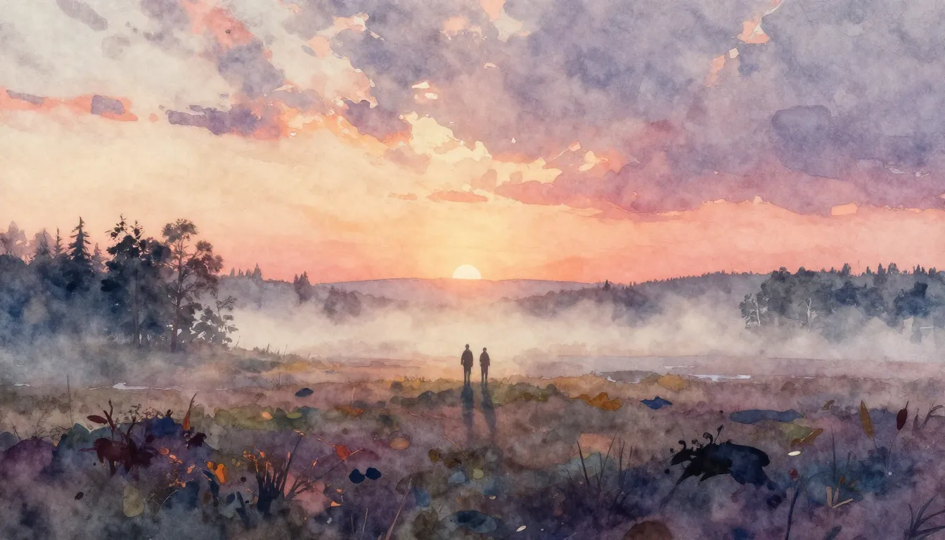 Vibrant watercolor style. Indie album cover: vast, misty Rus...