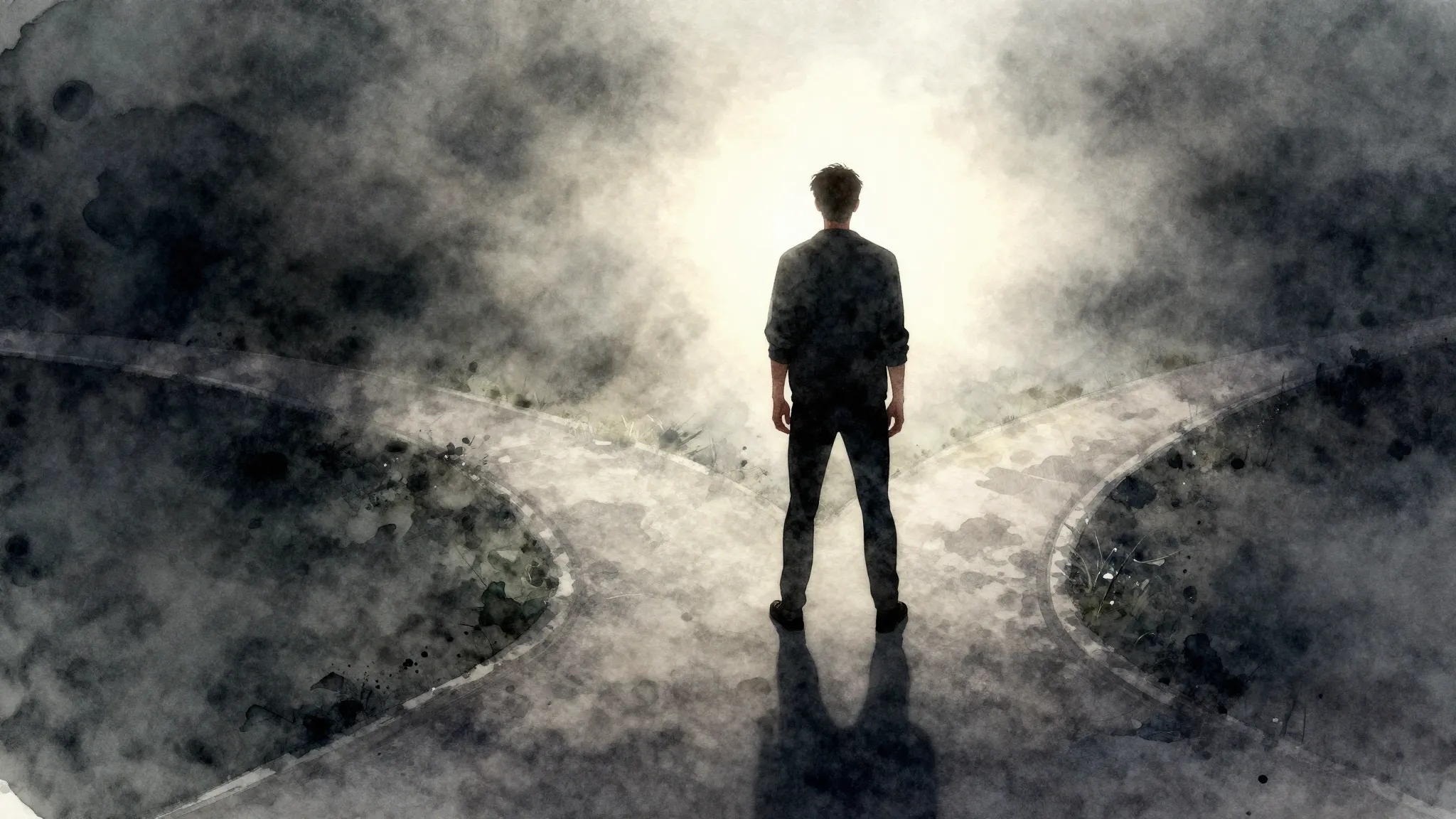 Watercolor style. A silhouette of a young man standing at a ...