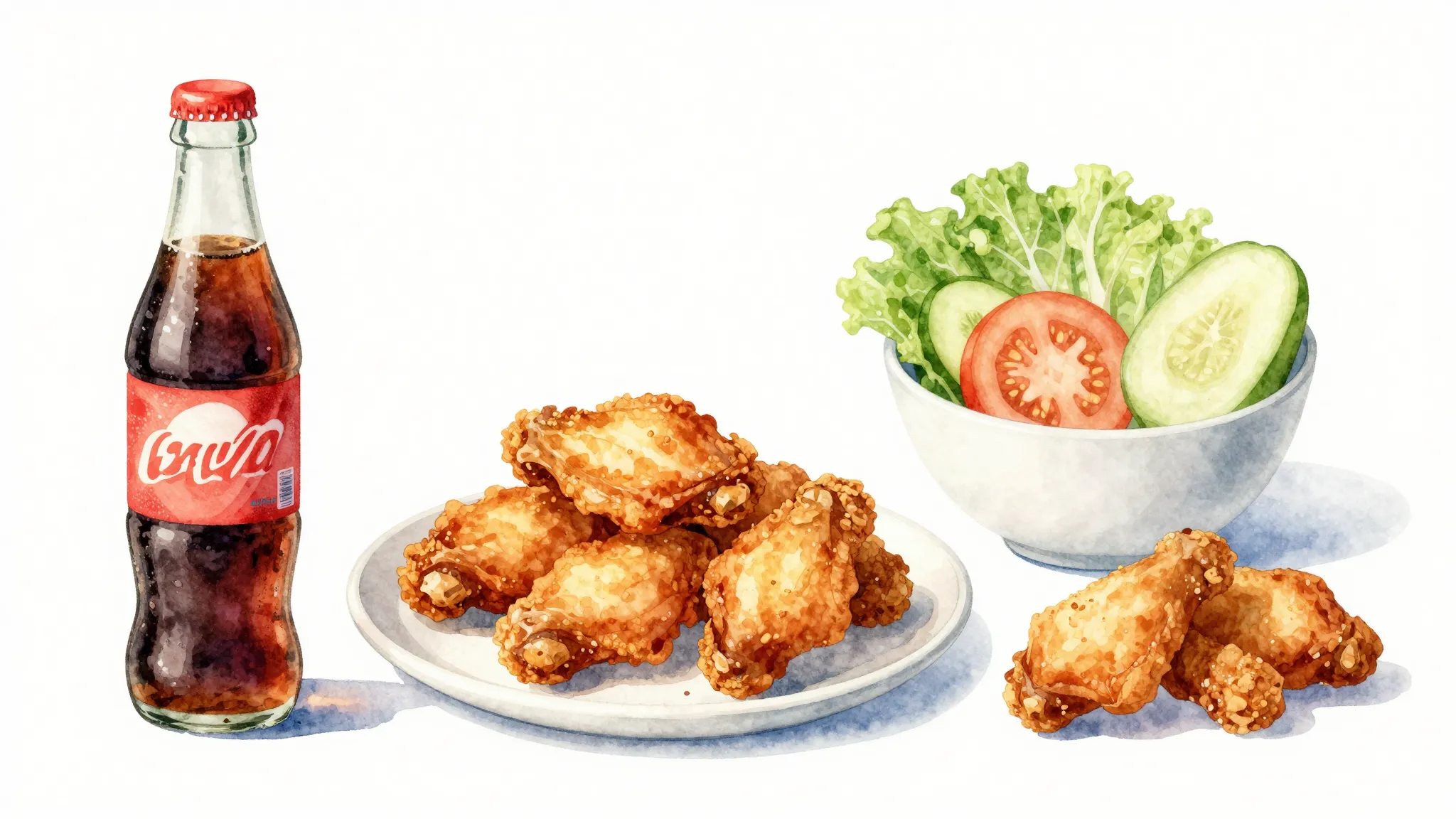 Watercolor style. A vibrant composition of snacks and drinks...