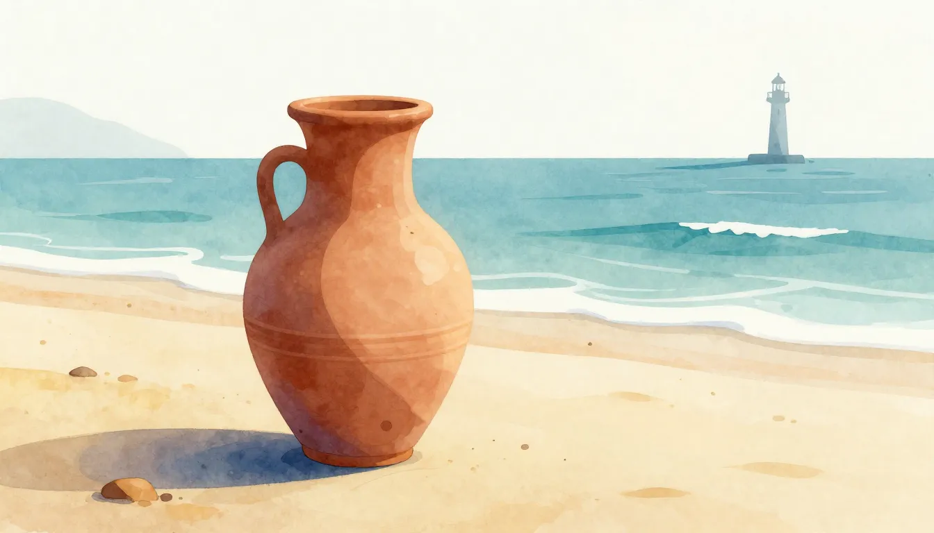 Watercolor style. Ancient clay amphora on a sunlit sandy bea...