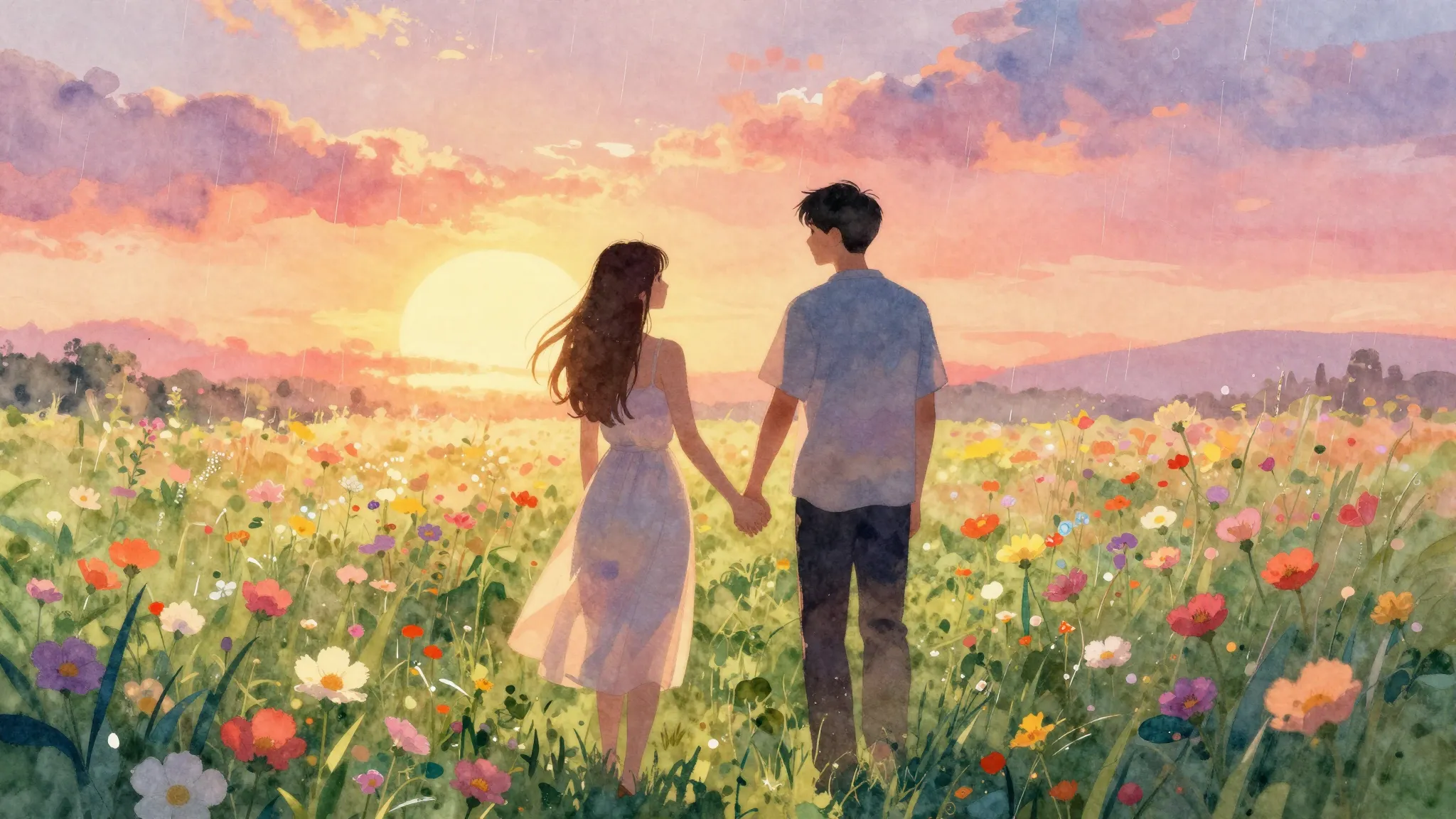 Vibrant watercolor style. Romantic pop song cover. A young c...